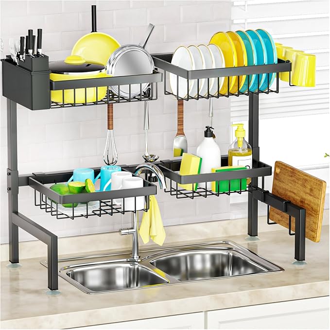 SNSLXH 4 Baskets 2-Tier Over The Sink Dish Drying Rack, 26.57"-35" | Large Dish Drying Rack for Kitchen, Extensible and Adjustable, Saving Kitchen Space