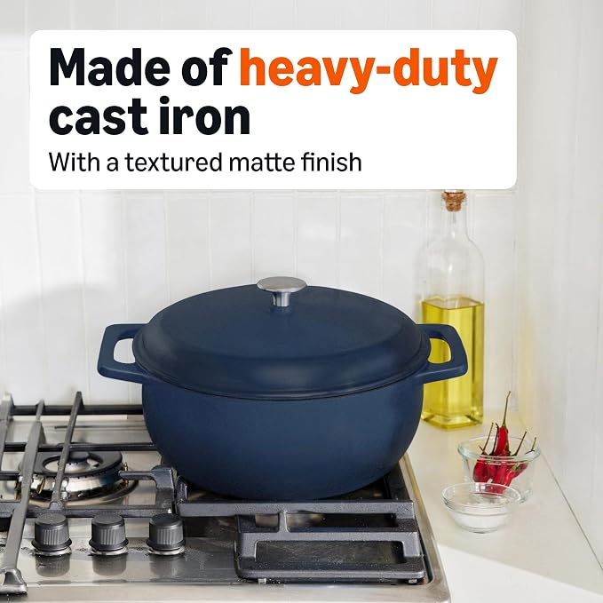 Amazon Basics Enameled Cast Iron Dutch Oven Pot with Lid, Round, Dual Handles, Heavy-Duty, Oven Safe for Stews, Roasting, Baking,6-Quart, Matte Navy