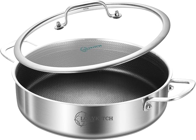 LOLYKITCH 2.8-Quart Small Deep Skillet with Lid | 10 Inch | 2-3 Servings | Hybrid Nonstick | Tri-Ply Stainless Steel | Frying Pan | Saute Pan | Oven & Induction Ready