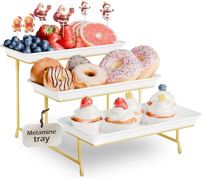 Bumusty 3-Tier Melamine Serving Tray Set, 11.5 x 5.6 in, Gold Stand | Melamine Reusable Platters with Metal Display Stand for Cupcakes, Desserts, Fruit, Cookies, Parties, Birthdays and Holidays