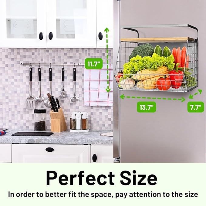 Magnetic Fridge Shelf with Wood Lid, Fruit Potato Onion Storage Bins, Pantry Organizers, Large Container Spice Rack for Refrigerator, Kitchen Counter, Cabinet (2, Silver)