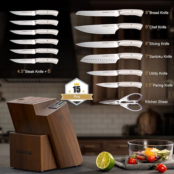 Astercook Knife Set Kitchen with Block and Dual Sharpener Full Tang 15 Pcs German Stainless Steel Knives Dishwasher Safe Kitchen Utensils Set with Anti-slip Ergonomic Handle, Elegant White
