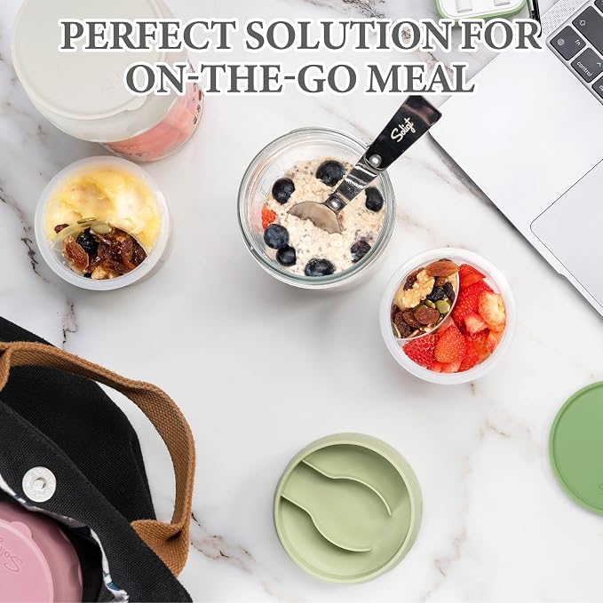 SOLIGT 2 Pack Overnight Oats Containers with Lids (Oat White/Rose Pink) | SOLIGT 4 Pack Overnight Oats Containers with Lids (White/Green/Rose/Blue)