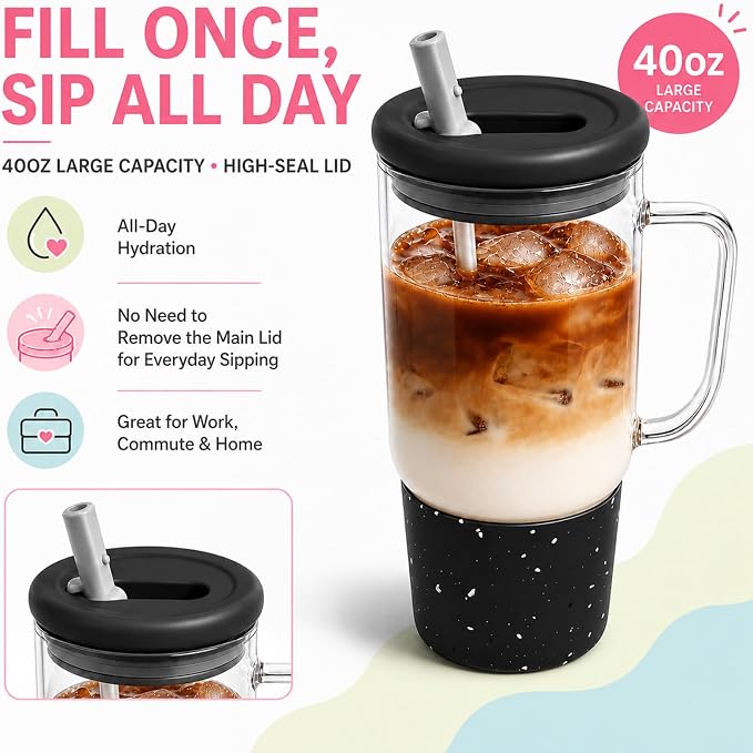 40oz Glass Tumbler with Flip Straw Lid, Handle, Silicone Sleeve, Black | Leakproof Lid, Fits Car Cup Holder Glass for Iced Coffee, Water, Cold Drinks, Travel, Outdoor, Partys&Home