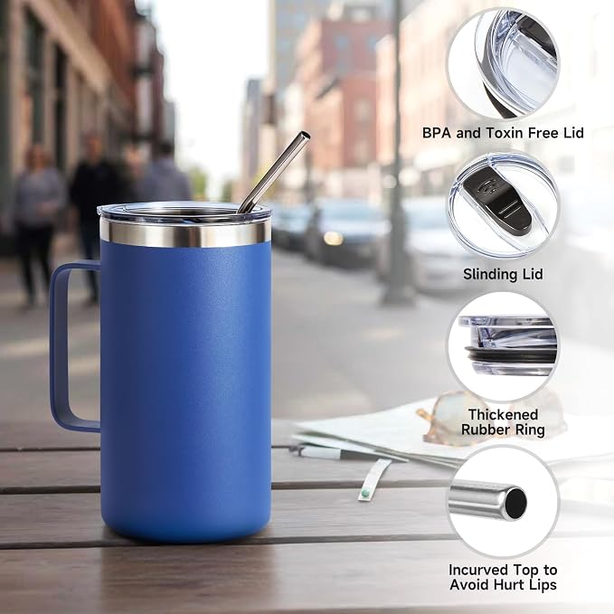 Volhoply 22oz Insulated Stainless Steel Coffee Mug with Leakproof Lid,Double Wall Vacuum Travel Coffee Cup with Handle,Reusable Metal Tumbler,Camping Mugs Keep Hot&Cold(Blue,1)