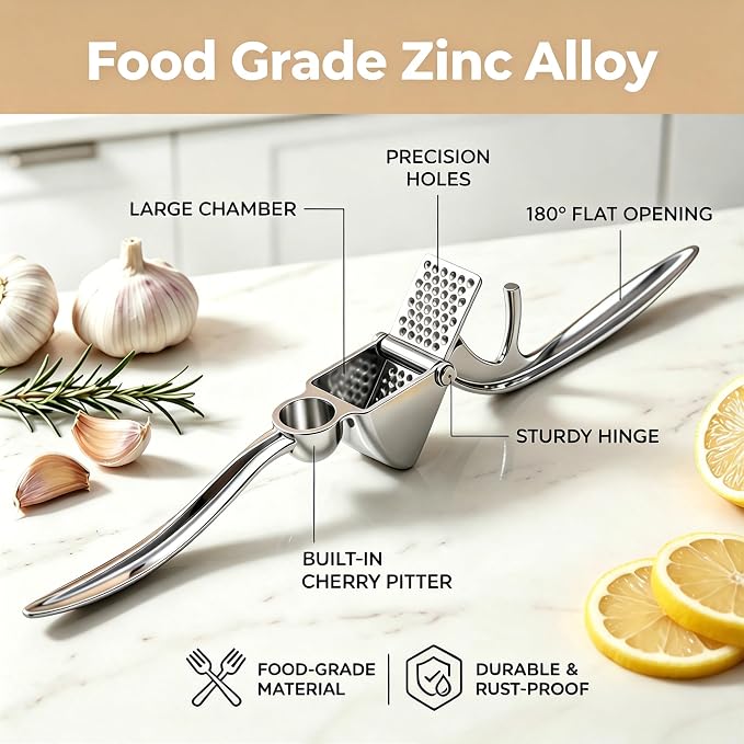 Garlic Press, Zinc Alloy Garlic Ginger Crusher & Mincer Tool Heavy Duty Garlic Mincer & Grinder with Large Chamber Multiple Studs Dishwasher Safe Ergonomic Handle Easy Squeeze Kitchen Essential