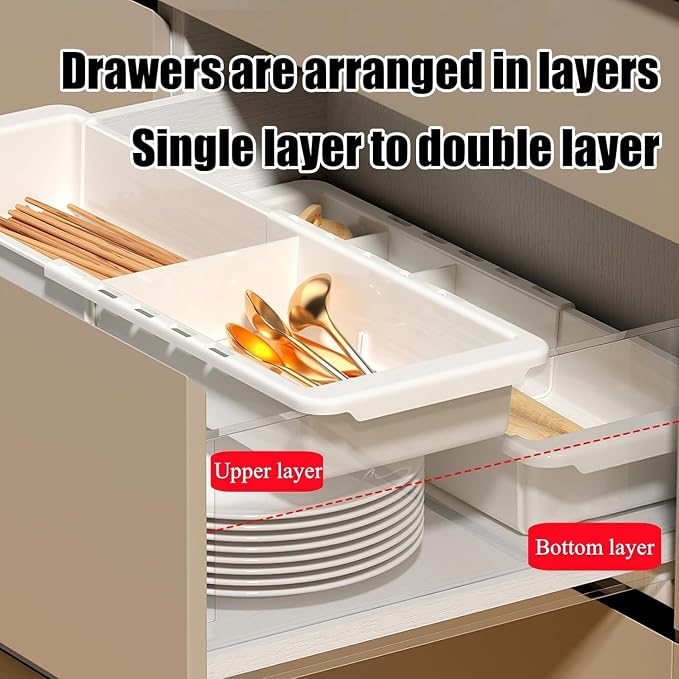 2 PCS Sliding Drawer Tray with Adjustable Dividers | Expandable Kitchen Storage Organizer, Sliding Drawer Bin, Expandable Drawer Organizer Trays For Utensils, Flatware, Junks