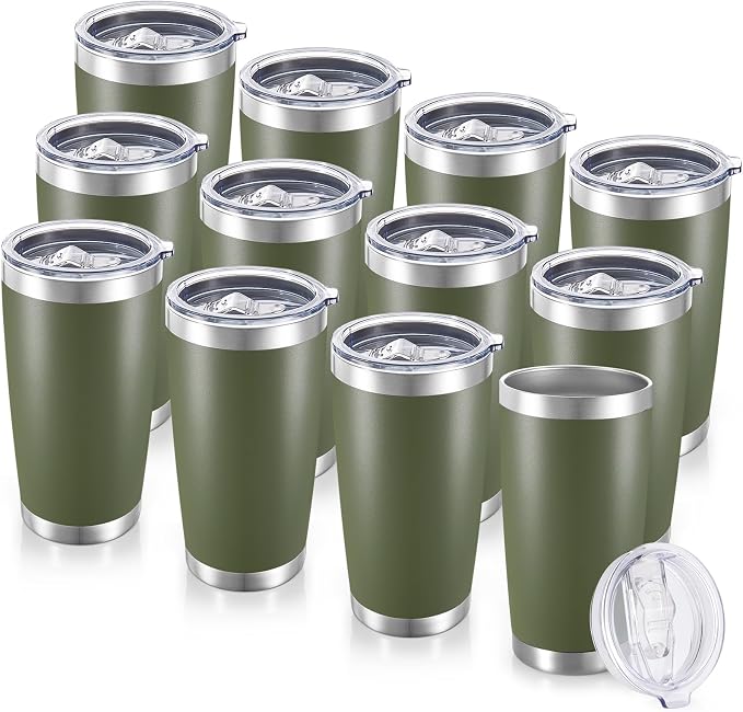 20 oz Tumblers Bulk Stainless Steel Tumbler with Lid, 12 Pack | Army Green, 20oz Insulated Coffee Mug, Double Wall Vacuum, Powder Coated Cup, for Hot and Cold Drinks