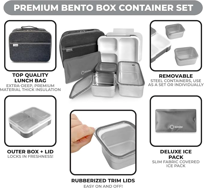 Stainless Steel Bento Lunch Box Set For Adults, Kids - Insulated Bag And Ice Pack - Large Leak-Proof Metal Compartment Meal Prep Food & Snack Containers For Work Travel School, 42 Oz Grey Black