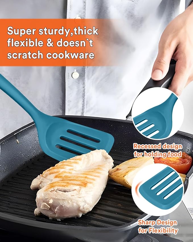 13PCS Silicone Kitchen Utensils Set for Nonstick Cookware, Blue | Food Grade, Heat Resistant Kitchen Utensil Spatula Set, Wooden Handles Kitchen Gadgets Tools Set