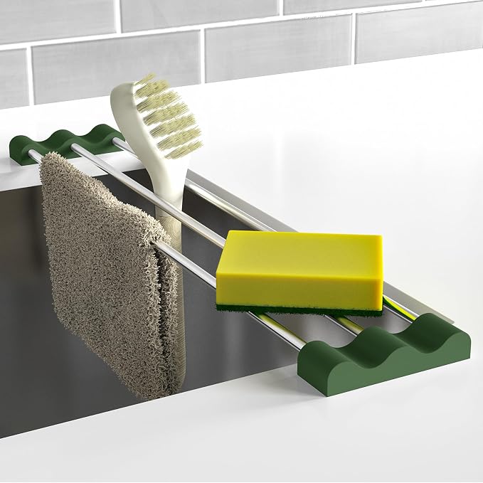 Tomorotec Adjustable Over-The-Sink Kitchen Rack, BPA-Free, Army Green | Holds 16.5 Lbs; For Dishcloths, Sponges, and Brushes - Heat-Resistant Stainless Steel with Slim, Expandable Design