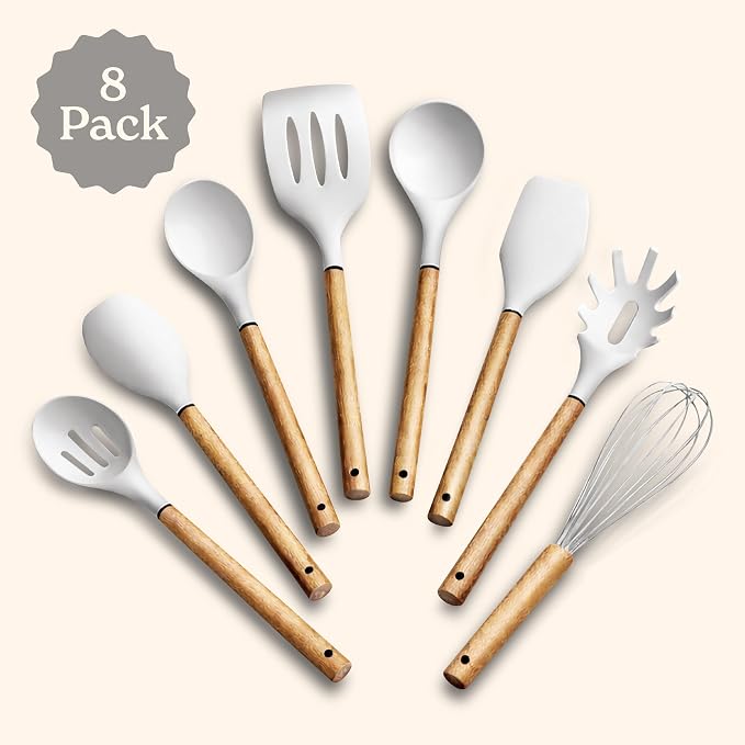 Country Kitchen Non Stick Silicone Utensil Set with Rounded Wood Handles for Cooking and Baking, 8 Piece Set, White