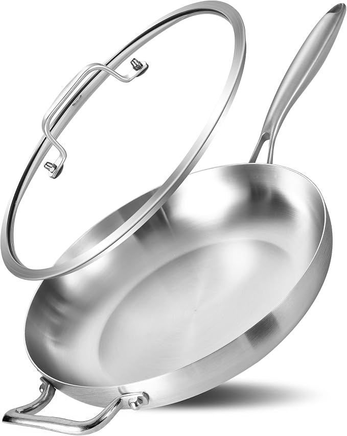 12-Inch Tri-Ply Stainless Steel Frying Pan with Lid | Medium Size | Detachable Handle | Induction Compatible | Oven & Dishwasher Safe | Ideal for Frying, Sautéing & Simmering | Serves for 3-4