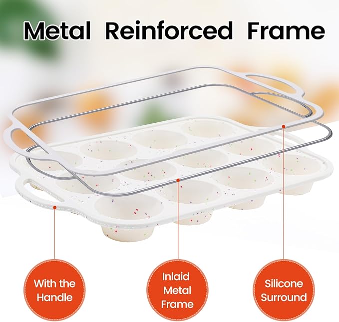 FUNBAKY Silicone Cupcake Pan, Metal Reinforcement Regular Size 12 Cups & Mini 24 Cups Nonstick Easy to Demold Baking Mold for Making Homemade Muffins