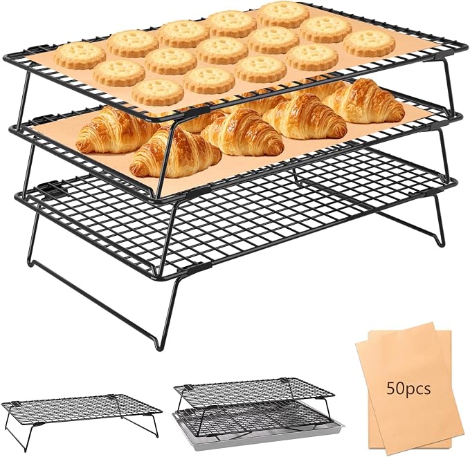 3Pcs Collapsible Cooling Rack, 13.4"x9.3" Cooling Racks with 50 Pcs Baking Paper | Wire Cookie Cooling Racks For Cooking & Baking, Dessert Display, Drying, Dishwasher Safe, Black