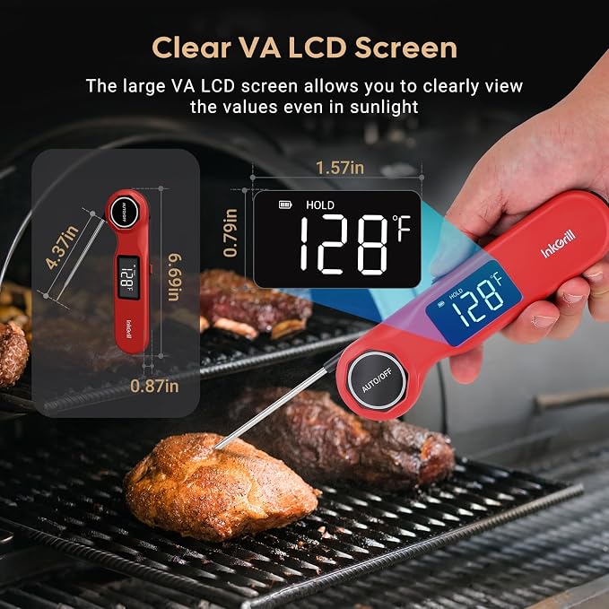 Rechargeable Waterproof Digital Instant Read Meat Thermometer | 0.5 Sec Professional Grill Thermometer Kitchen Cooking with Calibration, Large VA Display Backlit for Steak Turkey BBQ Candy