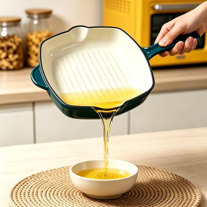 Enameled Cast Iron Steak Grill Pan, Nonstick Square Grilling Pan, Frying Pan (Peacock Blue, 9.5 inch)