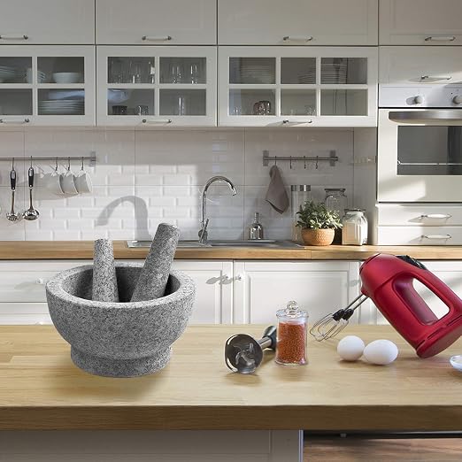 8 Inch Large Capacity Mortar and Pestle Set - One Mortar and Two Pestels - Natural 5 Cups Unpolished Heavy Granite for Apothecary Kitchen