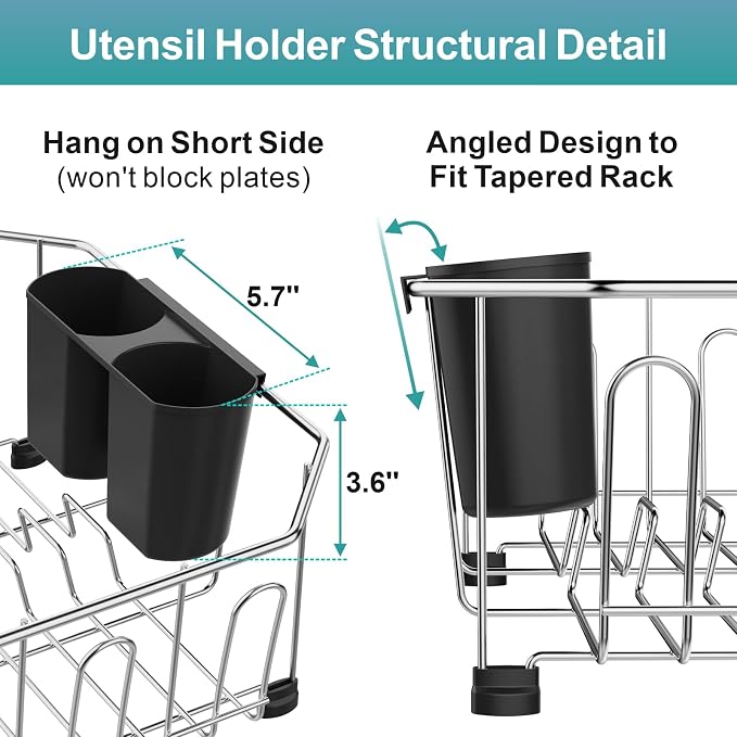 Small in Sink Dish Drying Rack - Stainless Steel for RV Kitchen | Compact Design for Apartments, Angled Corners Fit Square & Round Sinks, Utensil Holder, Cup Hooks, 1-2 Person, 11.6" x 13.4"