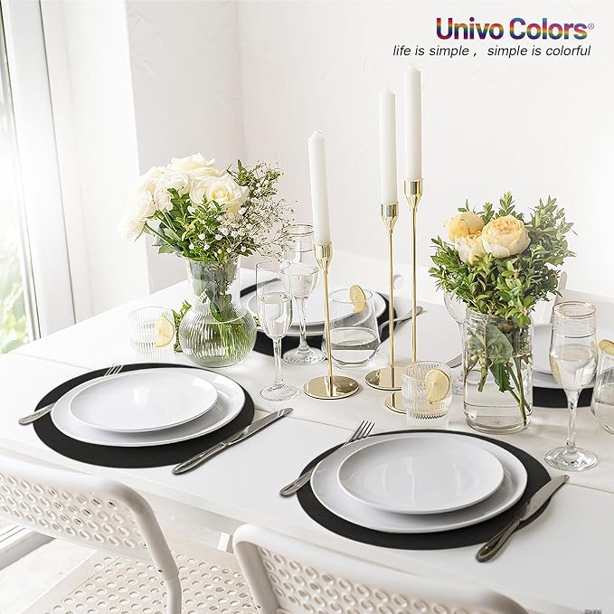 UnivoColors Placemats Round Faux Leather Placemats Set of 4-Waterproof-Wipe Clean-Heat Resistant-Anti Slip Dining Table Place Mats,Suitable for Indoor & Outdoor Use,15".Retro Black