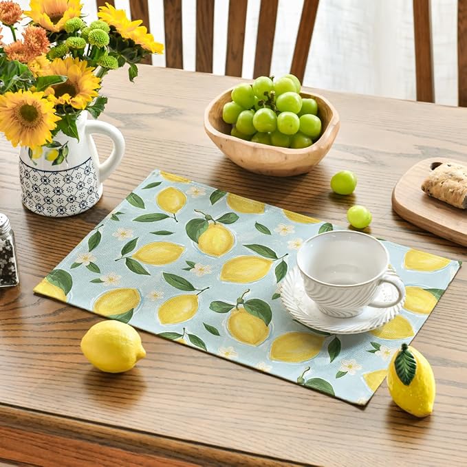 Artoid Mode Blue Lemon Flower Floral Summer Placemats Set of 4,12x18 Inch Seasonal Spring Table Mats for Party Kitchen Dining Decoration