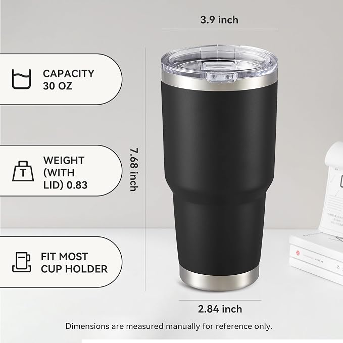 30 oz Tumbler with Lid Stainless Steel Tumblers, 1 Pack | Vacuum Insulated Cup, Leak Proof Lid, Powder Coated Travel Mug, Double Wall, Keep Cold Drinks for 12 Hours, Black