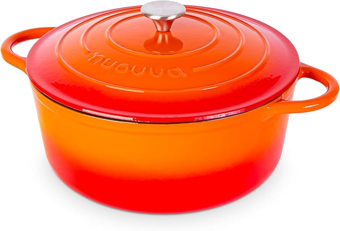 Cast Iron Dutch Oven with Lid-Non-Stick Ovenproof Enamelled Casserole Pot- Sturdy Dutch Oven Cookware - Orange, 7.3- Quart, 30cm- by Nuovva