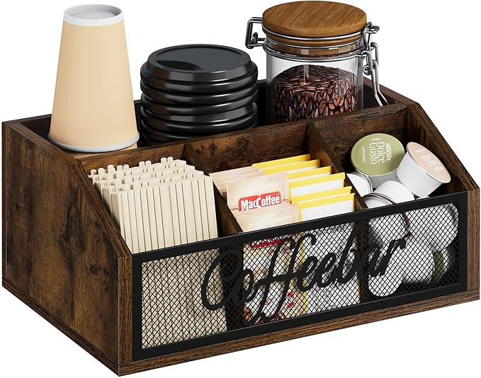 YINMIT Coffee Station Organizer for Countertop, Wood Coffee Bar Organizer with Removable Dividers for Pods, Syrup, Cups, Stirrer, Tea - Office Coffee Bar Accessories, Iron Mesh-Vintage Brown