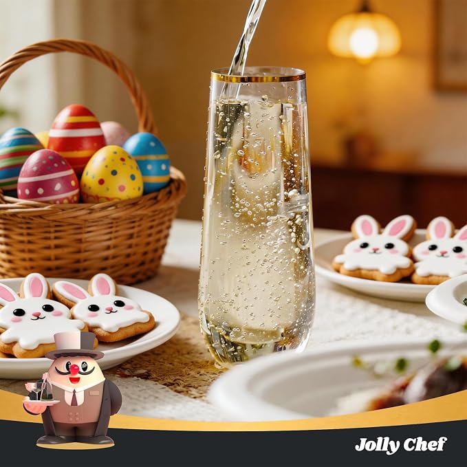 JOLLY CHEF 24 Pack 9 oz Stemless Plastic Champagne Flutes Gold Rim Glasses | Disposable Plastic Toasting Glasses Shatterproof Recyclable, Disposable Unbreakable Drinkware for Party, Wedding, Birthday