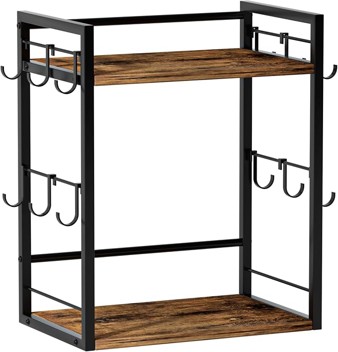 Dorhors Coffee Bar Organizer,Mug Holder,Station Organizer Kitchen Counter | 2 Tier Rustic Brown Wood Coffee Bar Accessories with 12 Hooks,Countertop Shelf for Mug,Syrup and Accessories