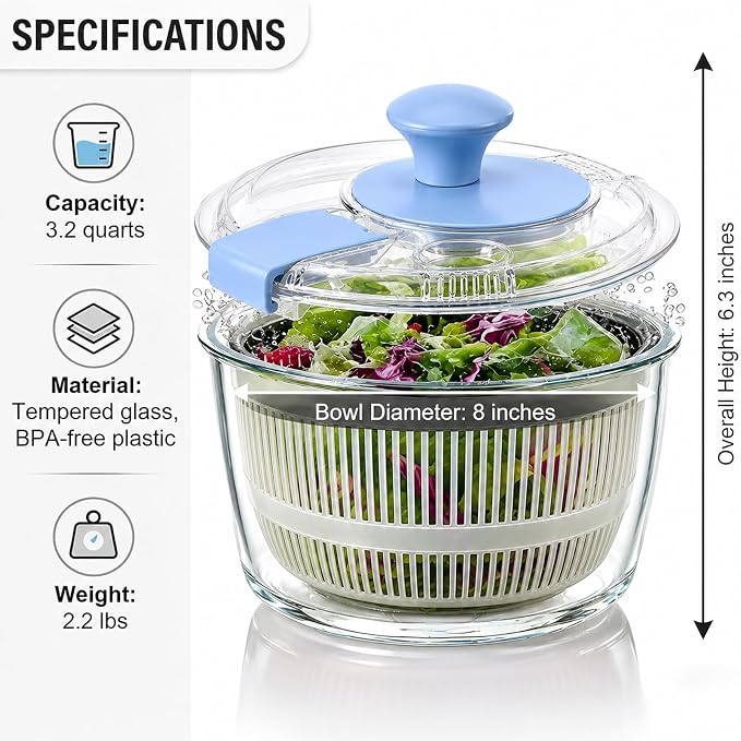 3.2 Qt Glass Salad Spinner with Storage Lid, Non-Slip Base & Basket, Blue | Compact Vegetable Dryer and Greens Washer with Clear Basket & Crank Handle; Borosilicate Bowl Microwave & Dishwasher Safe