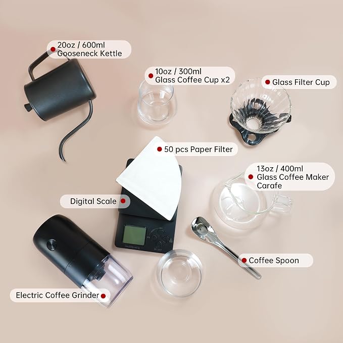 All in One Pour Over Coffee Set, Electric Coffee Grinder and Coffee Scale | Pour Over Coffee Maker Set with Coffee Carafe and V60 Filter, Camping Travel Coffee Maker Set, Ideal Birthday Gift Set