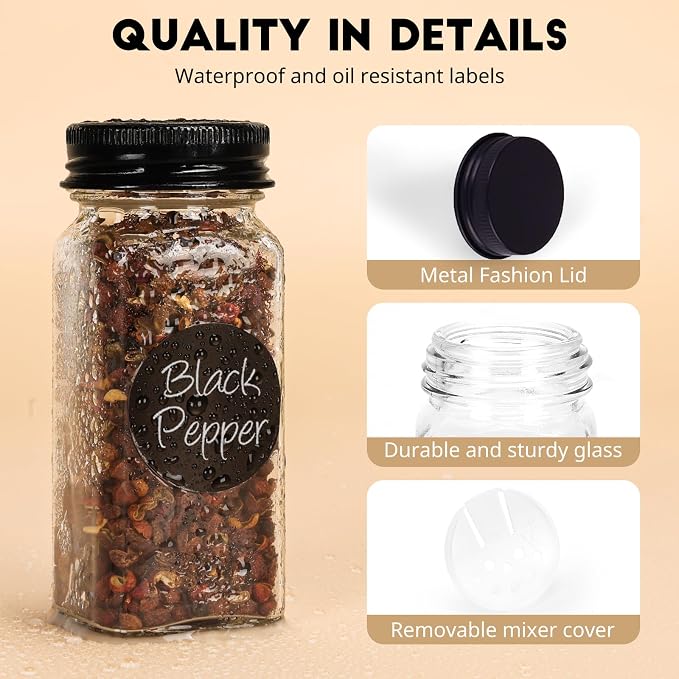 6Pcs Spice Jars with Label, 4oz Empty Square Seasoning Containers, Spice Jars with Shaker Lids, Small Spice Bottles for Salt, Herbs, Sugar, Pepper, Seasoning Jars for Spice Rack, Cabinet, or Drawer