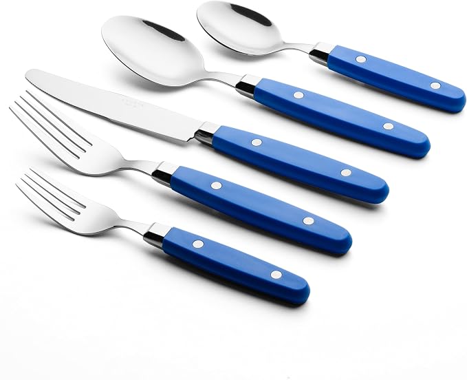ANNOVA Silverware Set, Retro/Rivet Colorful Stainless Steel Tableware Kitchen Flatware Set Utensils, Includes Dinner Knives, Forks, Spoons, Salad Forks & Dessert Spoons (Sapphire Blue, 20 Pieces)