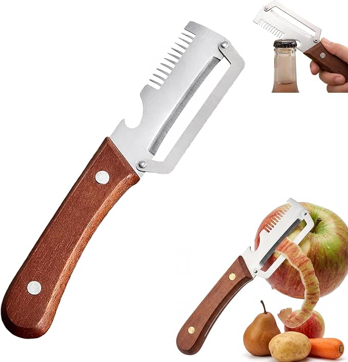 Multifunction Vegetable Peeler with Bottle Opener, 1 PC 3 in 1 Peeler | Durable Stainless Steel Blade, Ergonomic Wooden Handle, Easy to Peeling, Shredding, Open Bottles, easy to clean and store