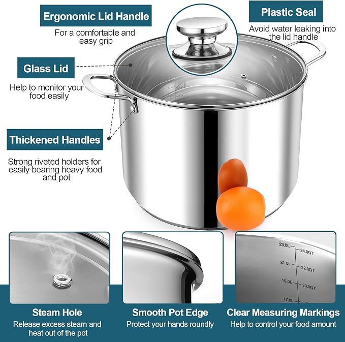 P&P CHEF 24 Quart Stock Pot with Lid, 24 Qt Large Stainless Steel Stockpot | Good for Cooking Pasta Soup, Cookware for Induction Gas Electric Stoves, Visible Lid & Measuring Markings, Dishwasher Safe