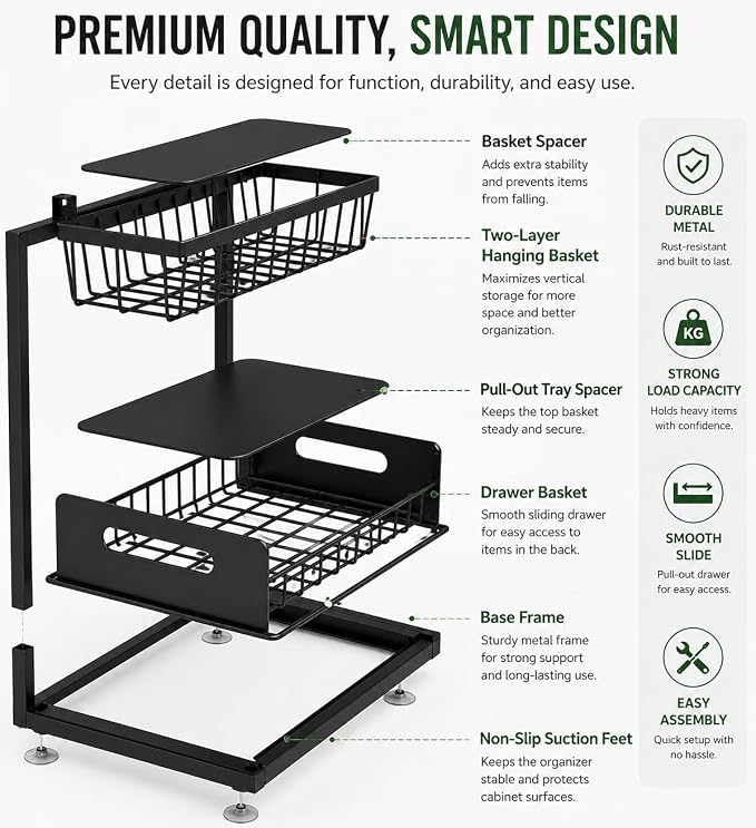 Under Sink Organizer, 2 Tier Adjustable Cabinet Organizer with Slide-Out Drawer, Heavy Duty Metal Storage Rack for Kitchen, Bathroom & Laudry room.
