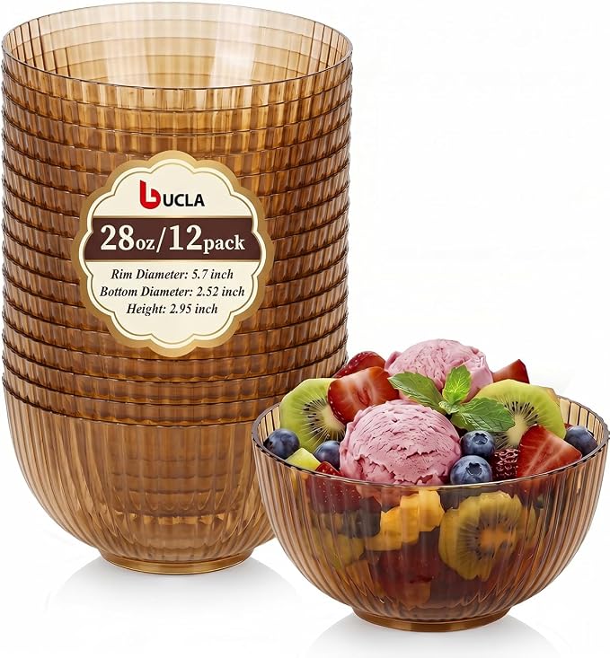 bUCLA 12 PCS Plastic Cereal Bowls Set - 28 Oz Clear Brown Disposable Vertical Stripes Serving Bowls for Snack, Salad, Dessert & Fruit