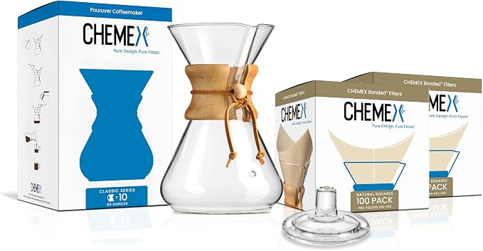 Chemex 10 Cup Pour Over Coffee Brewer Set, Glass Carafe, 200 Filters, 50oz | Large Manual Drip Brewer with 200 Square Bonded Filters, Borosilicate Glass, Coffee Gift Set