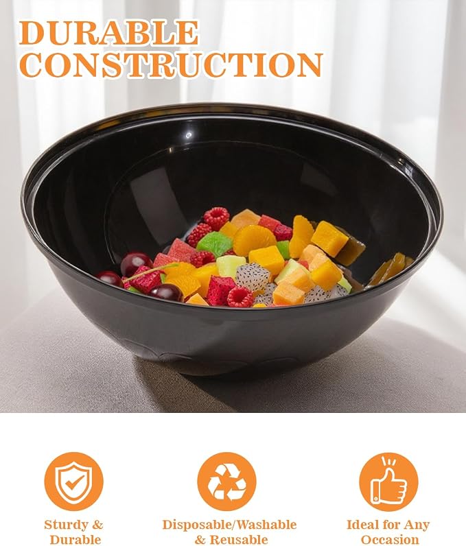 BESTVIP 150 Oz Black Plastic Serving Bowls, 4 Pack | 11.6-Inch Disposable & Reusable Bowls for Salad, Snacks, Chips & Candy, Stackable for Parties, Holidays & Meal Prep