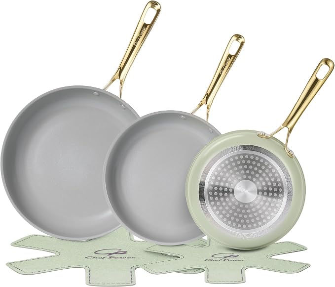 Ceramic Frying Pan with Stainless Steel handle 5Pcs Set, Non Stick Grill Pan Set, Dishwasher and Oven Safe, Sage Green and Granite Grey