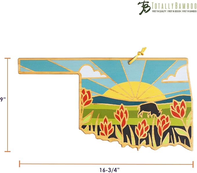 Totally Bamboo Oklahoma State Shaped Cutting Board, Summer Stokes Art | State charcuterie board with colorful hand-drawn landscape art. Smooth reverse side for food prep. Hang tie for wall display.