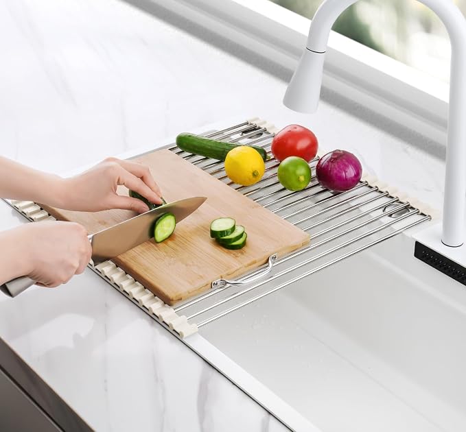 Tomorotec Roll Up Dish Drying Rack Over Sink, 304 Steel, 17.7x15.5, White | Anti-Slip Silicone Rims For Grip, Heat-Resistant Trivet Mat Holding Heavy Cookware, Rustproof Kitchen Counter Space Saver