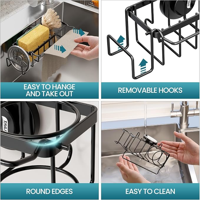 TAILI 4-in-1 Sink Sponge Holder for Kitchen with Strong Suction Cup-Black | Removable Sink Caddy with Suction Cup, Rustproof 304 Stainless Steel Multi-compartment Sink Organizer for Sponge, Brushes