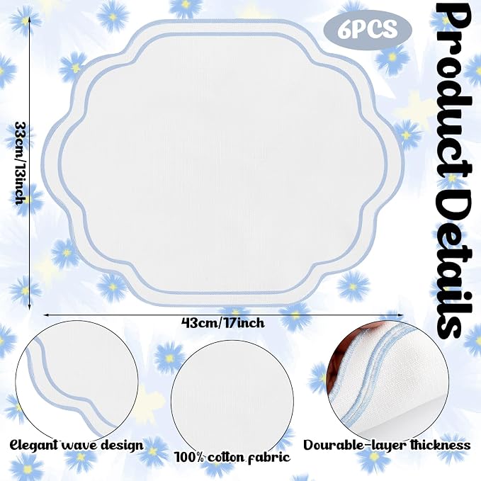 6Pcs Blue Cotton Wedding Placemats Scalloped Embroidered Placemats 17" x 13" Double Layered Machine Washable Table Place Mat for Party Table Decor