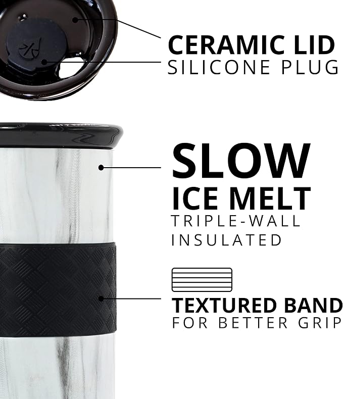 Elemental Artisan 16oz Triple-Wall Insulated Coffee Tumbler w/Ceramic Lid | Triple Wall Coffee Travel Mug, Reusable Stainless Steel Coffee Tumbler; Thermal Coffee Cups for Hot (6 Hrs) & Cold (18 Hrs)
