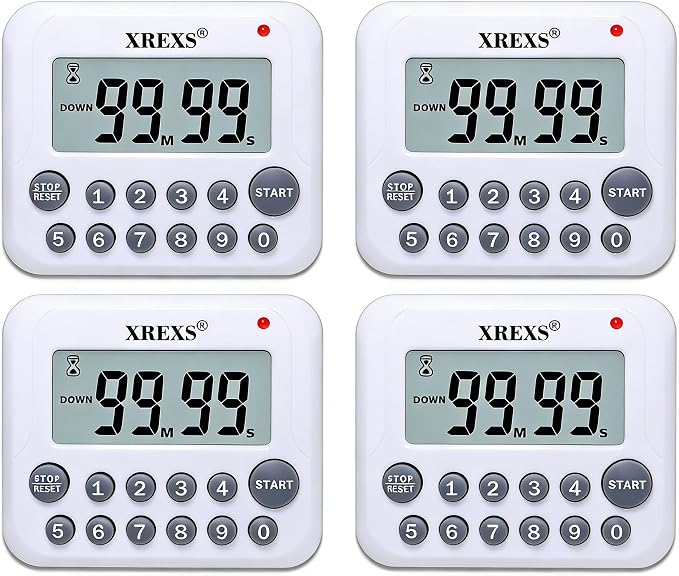 XREXS Digital Kitchen Timer Magnetic Countdown Up Cooking Timer | with Magnet Back and Clip, Loud Alarm, Large Display Minutes and Seconds Directly Input-White (2 Battery Included) (4 Pcs)