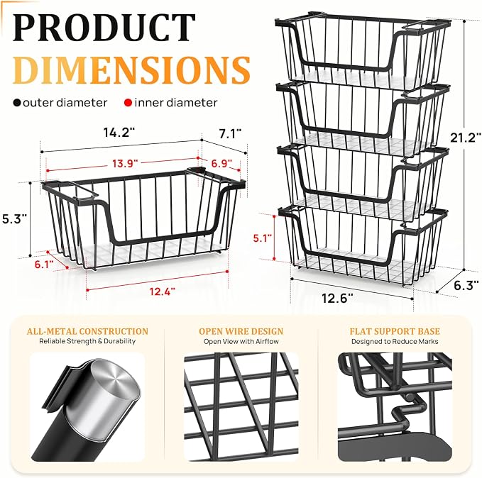 SUNALLY Stackable Storage Bins 4 Pcs Wire Baskets Freezer Organizer, Black | Pantry Organizers Storage, Vegetable Fruit Storage Basket for Countertop, Kitchen Baskets for Onion Potato Snack Cans Storage