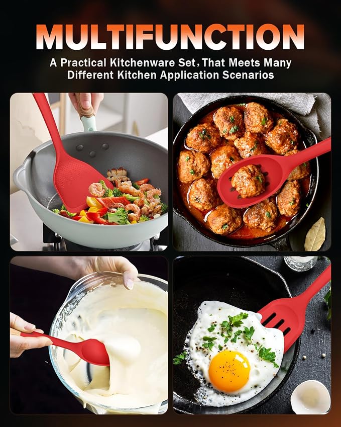 Silicone Cooking Utensils Set, Safe for Nonstick Cookwares, Red | Perfectly Angled for Frying, Mixing,Serving,Draining,Turning and Stirring, BPA-Free Matte Silicone, Wood Handles,4 Pack