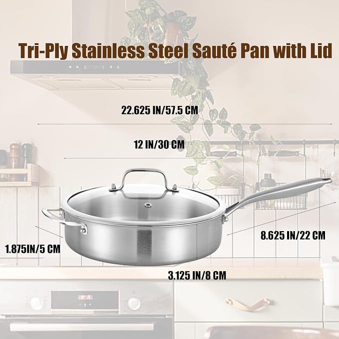 LOLYKITCH 6-Quart Saute Pan with Lid | 12-Inch Deep Frying Pan | Tri-Ply Stainless Steel Clad | Large Skillet | Jumbo Cooker | Dishwasher & Oven Safe | Detachable Handle | 5-7 Servings
